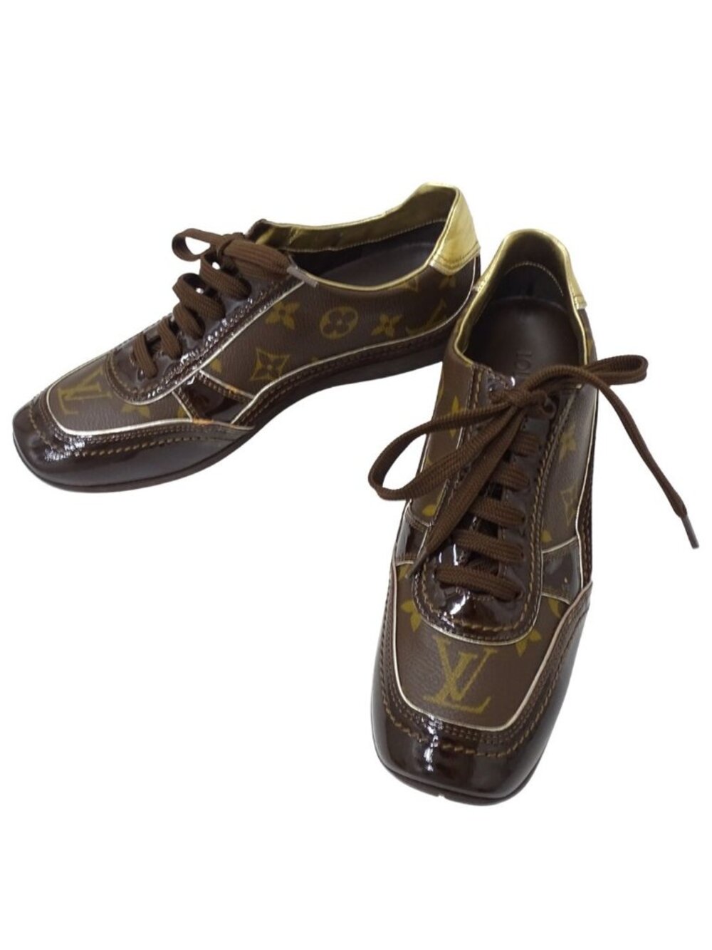 Louis Vuitton Sneakers Monogram Canvas Suede Enamel Brown Gold Daily Wear